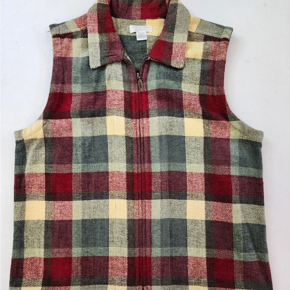Plaid Zip-Front Sleeveless Vest in Red, Green & Cream